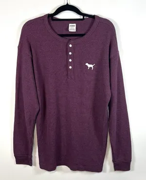 Victoria's Secret Purple Sleepwear Thermal Waffle Shirt Henley‎ Women’s Size L thumbnail 1