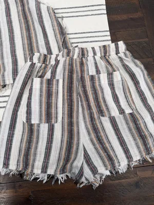 Very J Striped Frayed Two-Piece Shorts Set in Ivory, Black, Tan thumbnail 7