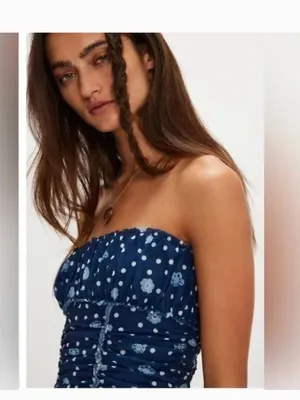 NWOT Free People Scottie Printed Cropped Shirred Mesh Navy Tube Top Smocked thumbnail 2