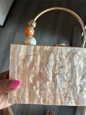 Lulu's Pearlescent Pink Acrylic Box Clutch with Gold Ring Handle thumbnail 9