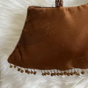 Vintage brown beaded fish scale triangle shape double handle satin handbag purse thumbnail 9