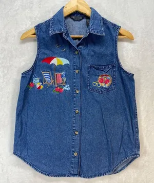 Solutions New York Denim Sleeveless Shirt Beach Embroidery Button Up S‎ thumbnail 1