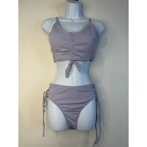 ZAFUL Womens Lavender Ribbed Tie Front High Waisted Two Piece Bikini Set Size S thumbnail 3