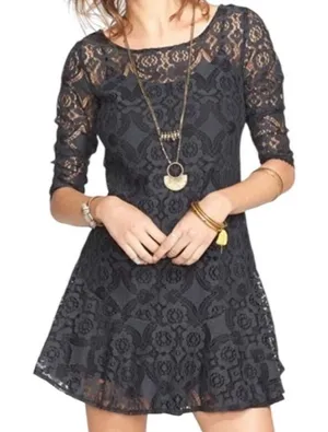 Free People Sheer Floral Lace Mini Dress 3/4 Sleeve Ruffle Hem Black Boho Size 0 thumbnail 1