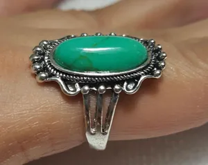 Retro Silver Long Oval Turquoise Ring Size thumbnail 2