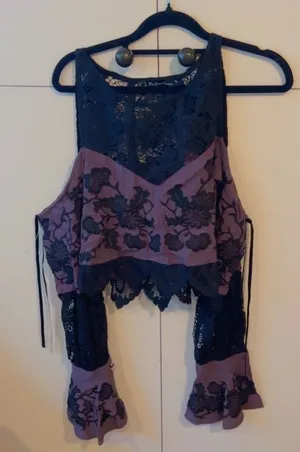 For Love & Lemons Lace Long Sleeve Crop Top Black Mauve Embroidered Boho S thumbnail 1
