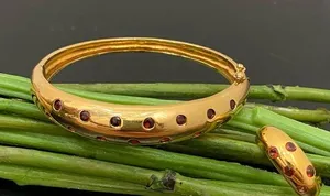Gold Over  925 Signed Garnet Stones Hinged Bangle & Ring Set thumbnail 1