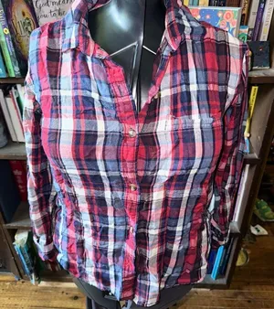 American Eagle red plaid concert button down oversized shirt thumbnail 1