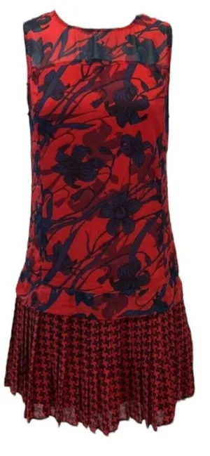 ABERCROMBIE & FITCH Floral Houndstooth Drop Waist Pleated Mini Dress Red Blue 10 thumbnail 1