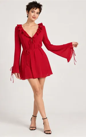 Red Ruffled V-Neck Long-Sleeve Mini Dress thumbnail 1