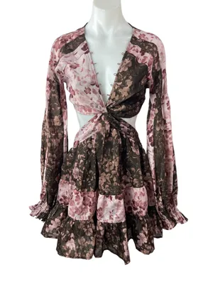 ASOS Voile Pink Brown Floral Striped Twist Front Cutout Fit & Flare Mini Dress 6 thumbnail 1