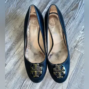 Tory Burch Black Leather Flats with Gold Logo thumbnail 2