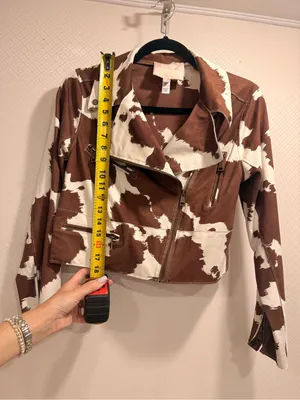 Hutch Brown & White Cow Print Vegan Suede Leather Moto Jacket Size XS thumbnail 4