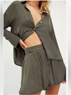 Free People Olive Green Relaxed Bubble Hem Shorts thumbnail 4