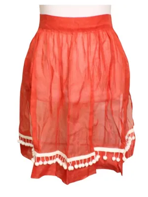 Red Sheer Half Apron White Pom Pom Trim Back Tie Small Small Pocket Vintage thumbnail 1