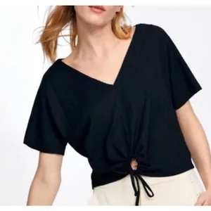 ZARA Textured V Neck Tie Front Crop Top Medium‎ M Black Short Sleeve Crinkle NWT thumbnail 1
