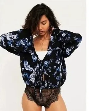 NWT Free People Intimately Floral Bodysuit Black‎ Blue Tie Front Lace S OB700661 thumbnail 1