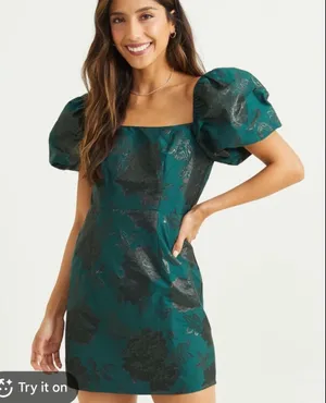 Altar'd State |‎ NWT Lionella Green Metallic Floral Puff Sleeve Mini Dress, L thumbnail 1