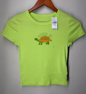 American Eagle Take It Easy Turtle‎ Graphic Baby Tee Neon Green Y2K Fitted Top thumbnail 1