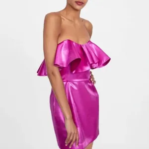 NWT Zara Metallic Pink Strapless Ruffle Mini Dress Sz Large thumbnail 3