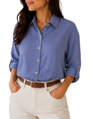 BCX Dusty Blue Button Front Blouse M Coastal Minimalist Preppy thumbnail 1