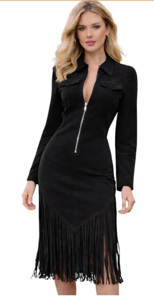 NEW Vegan Suede Fringe Dress Long Sleeve Zip Western Cowgirl Tassel Dress XL thumbnail 1