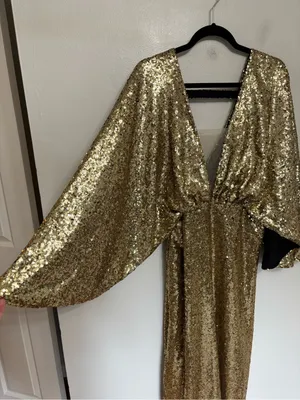NEW BABEYOND Scoop Neck Sheer Angel Sleeve Maxi Dress Gold Sequin - Size 2X thumbnail 8