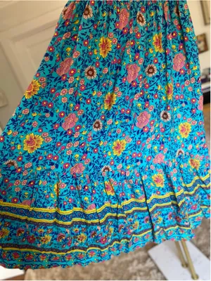 HOTOUCH XL Turquoise Floral Maxi Skirt Tiered Ruffle Slit Cottagecore Boho Flowy thumbnail 4