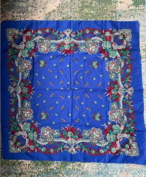 Vintage Glentex blue rose bud large square head neck scarf thumbnail 1