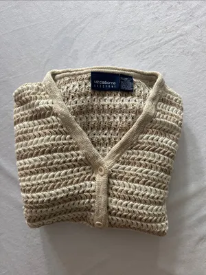 Liz Claiborne Cotten Linen Blend Cream Open-Weave Button Front Cardigan thumbnail 3