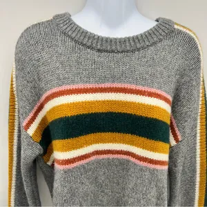 Madewell Unisex Gray and Yellow Crew Neck Sweater with Retro Stripes-Size S thumbnail 2