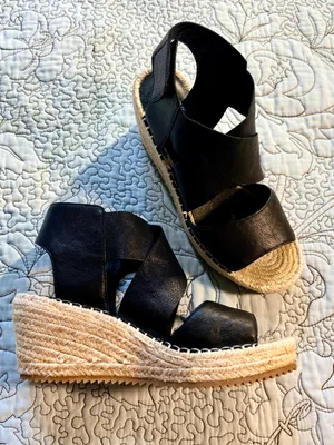 ☀️Eileen Fisher Willow Black Leather Espadrille Wedge Sandals Sz 7.5🧡 thumbnail 1