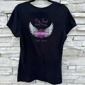 HARLEY-DAVIDSON H-D Pig Trail‎ Pink Purple Skull Wings Graphic V Neck Womens XL thumbnail 2