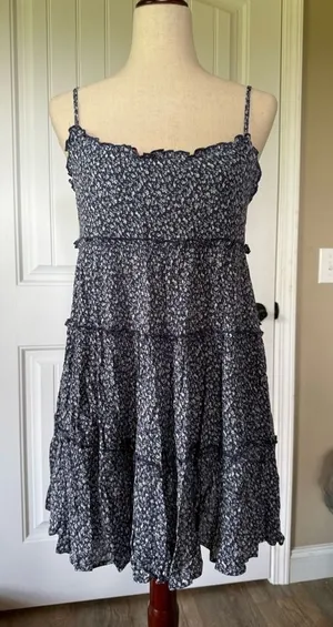 Lulus Navy Blue Floral Tiered Ruffle‎ Spaghetti Strap Mini Dress Size S thumbnail 1
