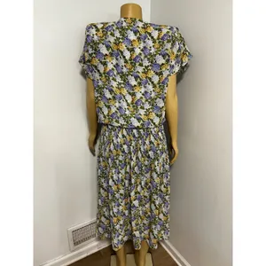 Leslie Fay Vintage Floral Pleated Midi Dress Purple Yellow Hydrangea Size 14 thumbnail 5