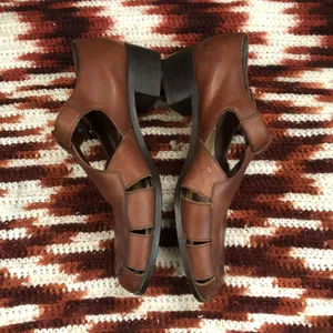 VTG Brown Leather woven Fisherman Pilgrim Sandals Maryjane loafers flats shoes #peasant #cottagecore #western #boho, #indie vintage Size 9 thumbnail 3