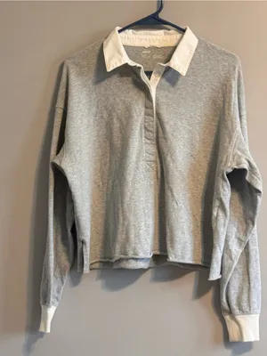 Aerie Gray Cropped Rugby Polo Sweatshirt White Collar Women’s S thumbnail 1