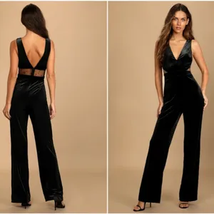 LULU's Sexy Chic Elegant Prom Holidays Wedding Velvet Lace Sophisticated Jumpsuit thumbnail 2