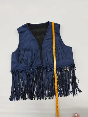 Wdirara Women Blue Faux Suede Fringe Vest Western Boho Cropped Open Front size L thumbnail 3