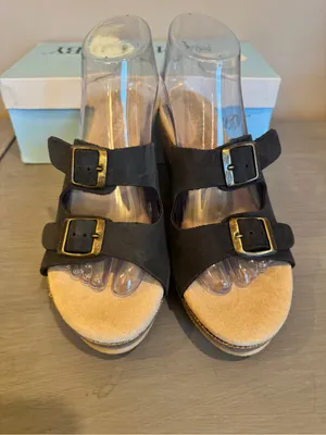 Sam & Libby Wedge Sandal Ankle Strap Size 8 Cork Heel‎ Black Open Toe NIB thumbnail 2