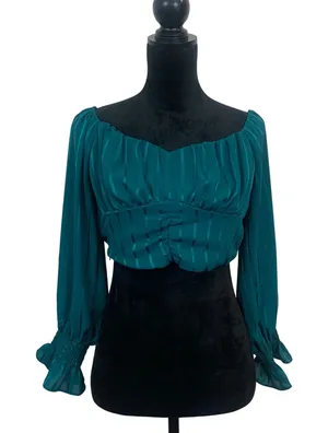 Dark Green Women's L Satin Stripe Crop Top Long Smocked Sleeve Sweetheart Blouse thumbnail 1
