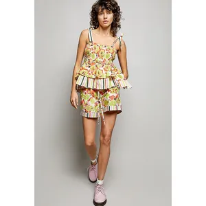POL Drawstring Floral Shorts with Contrast Striped Trim - Lime Multi - Large thumbnail 5