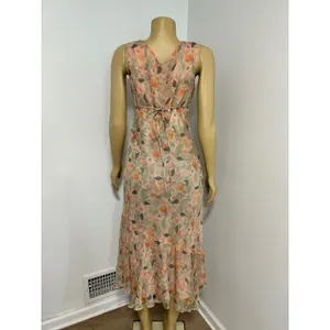 Y2K Mimi Maternity Silk Floral Midi Dress Peach V-Neck Ruffle Whimsy Fairy Small thumbnail 3