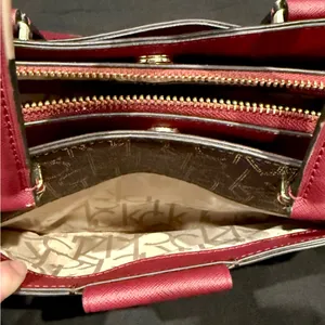 Calvin Klein Monogram Satchel in Brown and Red with gold accents thumbnail 5