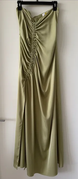 Sabo Skirt Olive Green Ruched Satin Maxi Dress thumbnail 1
