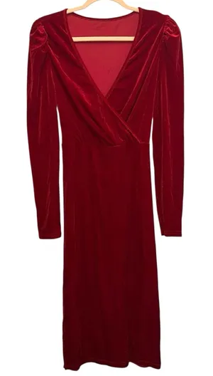 SHEIN Red Velvet Wrap Midi Dress Long Sleeve Holiday Party Large‎ thumbnail 1