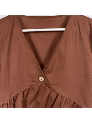 Women’s Brown Wrap Style Babydoll Blouse Size Large Short Sleeve thumbnail 2