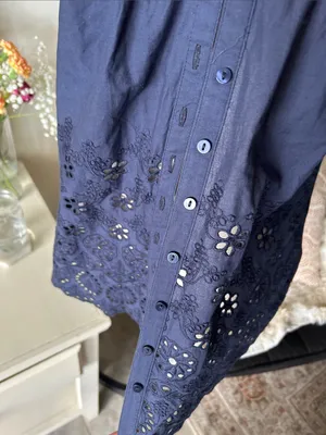 Boho western cottage navy cotton Beaded button down v neck blouse tank top M thumbnail 6