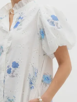 entro White Floral Eyelet Puff-Sleeve Shirt Dress Size S thumbnail 2