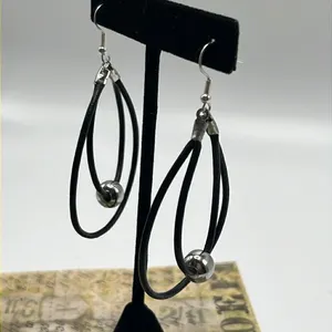 Double Leather Corded Dangling Earrings w/ Silver-Tone Bead Choice of Closure thumbnail 5